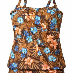 Lands' End Women's Flutter Tankini Deep Sea Navy Tropic floral print 16w new